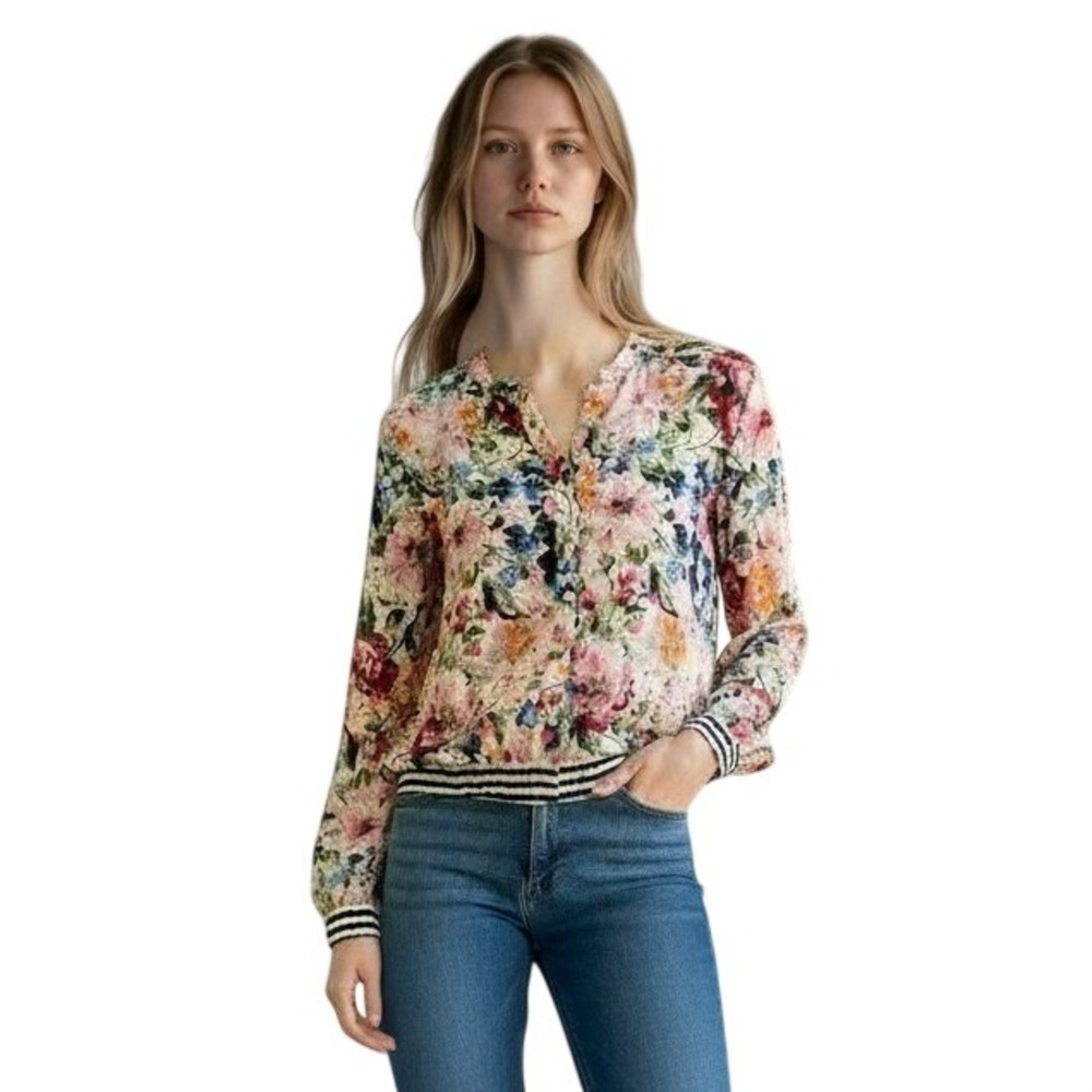 M by Marled Blouse Womens Medium Pink Floral Striped Trim Button Up Top A